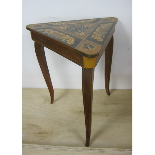 74 - Restoration project musical sewing or occasional table, triangular inlaid top, on three legs. A/f so... 