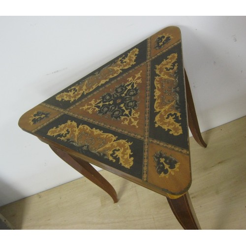 74 - Restoration project musical sewing or occasional table, triangular inlaid top, on three legs. A/f so... 