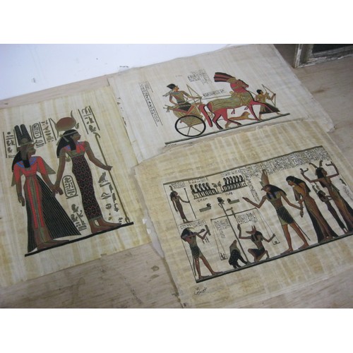 75 - Three tourist's Egyptian papyri paintings, each about 34cm x 43cm