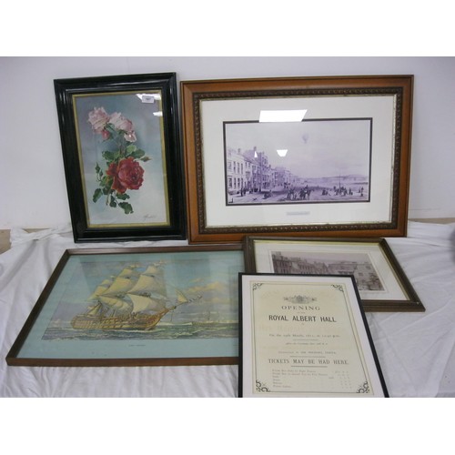 87 - Five framed  pictures to include ephemera interest of the Royal Albert hall, a watercolour or acryli... 