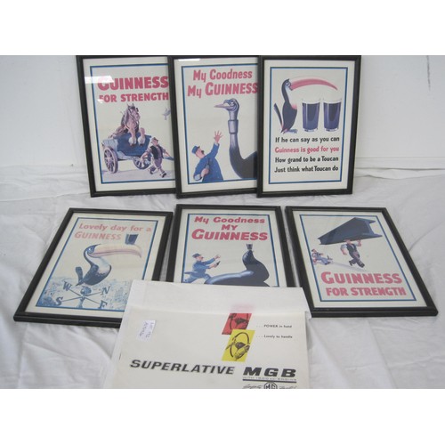 91 - Brochure for Superlative MGB 1800cc, and six framed reproduction Guinness advertising posters after ... 