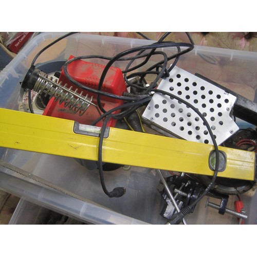 52 - A box containing mixed tools including a saw and a spirit level, plus several reels of low voltage c... 