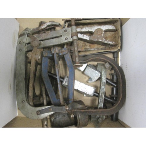 104 - Box of Assorted Valve Spring Compressors, Bearing Pullers, Ball Joint Splitters and Suspension Coil ... 