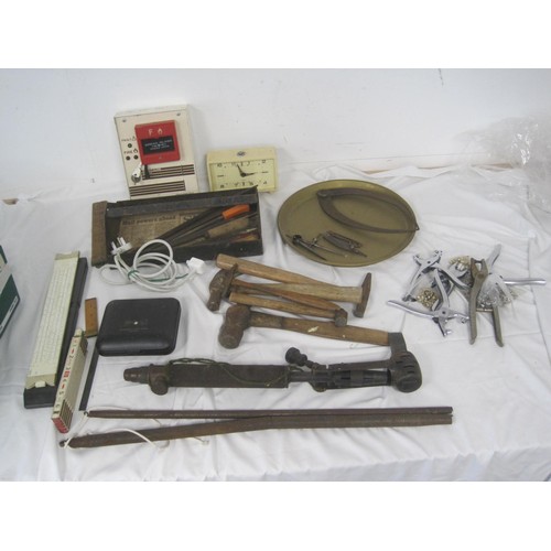 116 - A box of tools and miscellaneous items including hammers, files, brass tray, springs, rulers, divide... 