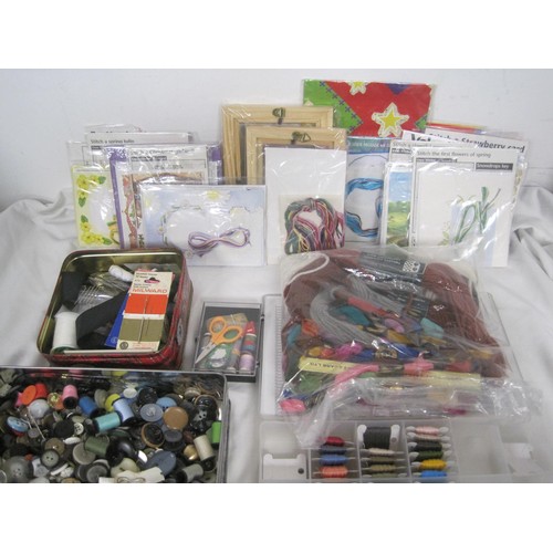 26 - A box of sewing and craft materials, including stitching patterns, threads, etc