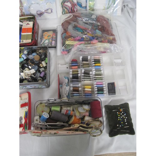 26 - A box of sewing and craft materials, including stitching patterns, threads, etc