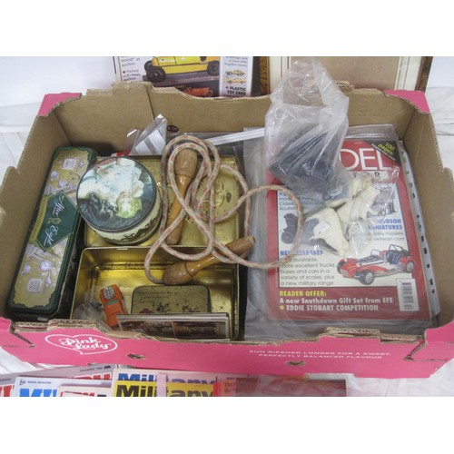 48 - A box of assorted items and ephemera including Military Modelling Magazine, Collector's Gazette, ski... 