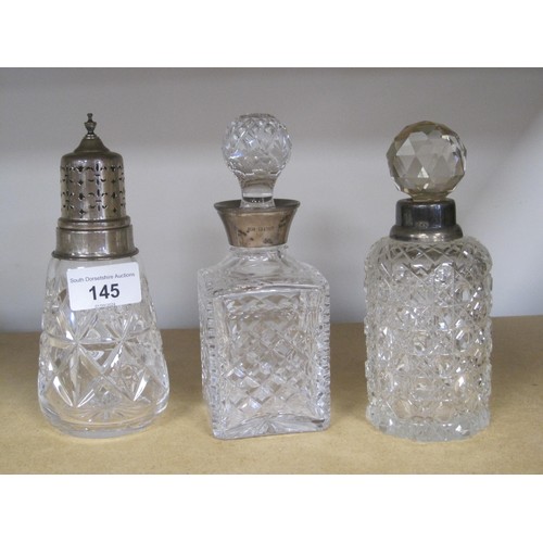 117 - A silver mounted sugar caster, and two silver mounted dressing table bottles, together with nine ele... 