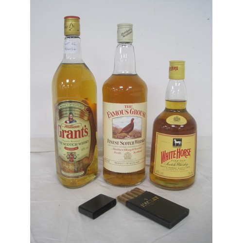 62 - Three bottles of blended whisky and a pack of cigars - The Famous Grouse 1 litre 43% (one bottle), W... 