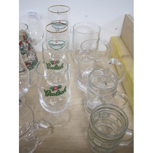 52 - Assorted beer glasses (Grolsch, Hoegaarden, etc) and other glass drinking vessels including brown gl... 