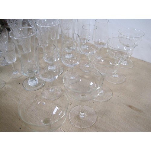 51 - Assorted glass drinking vessels. Lot includes three cut glass water glasses, four tot glasses, port ... 