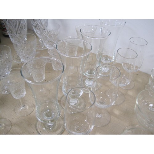 51 - Assorted glass drinking vessels. Lot includes three cut glass water glasses, four tot glasses, port ... 