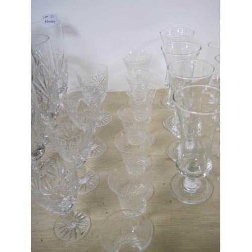 51 - Assorted glass drinking vessels. Lot includes three cut glass water glasses, four tot glasses, port ... 