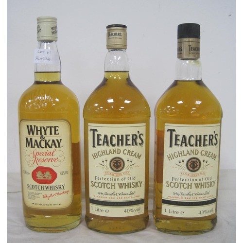 61 - Three bottles of blended whisky - Teacher's Highland Cream 1 litre 43% (one bottle), Teacher's Highl... 