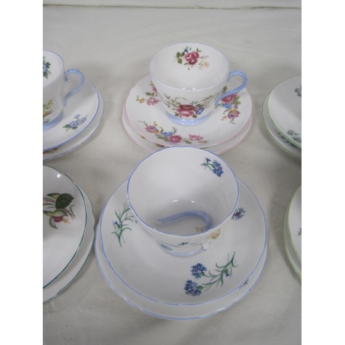 41 - Shelley sample set - six cup, saucer and plate trios in foliate patterns (one cup a/f), including pa... 