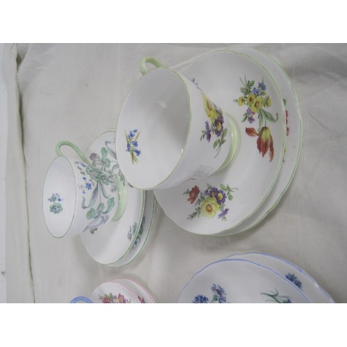 41 - Shelley sample set - six cup, saucer and plate trios in foliate patterns (one cup a/f), including pa... 