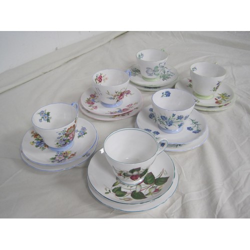 41 - Shelley sample set - six cup, saucer and plate trios in foliate patterns (one cup a/f), including pa... 