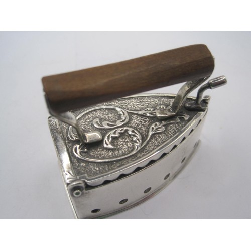 194 - A sterling silver pot pourri in the form of a flat iron with small, carved wooden handle, UK import ... 