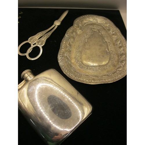 221 - EPNS Hip Flask and Grape Shears, plus a likely low grade silver Trinket Dish