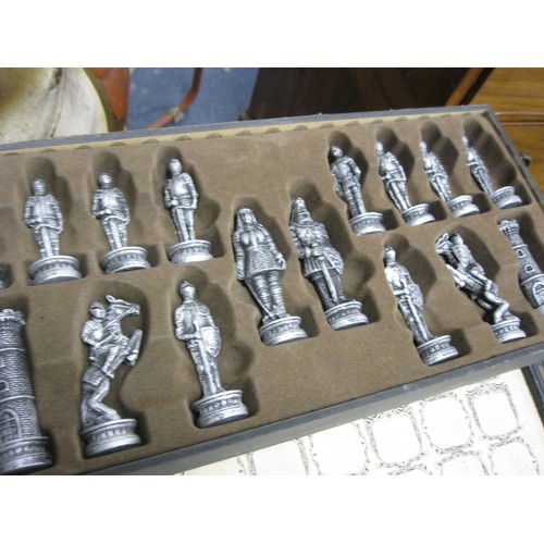 163 - Chess Set Box with drawers under containing bronzed and pewter chess set, complete