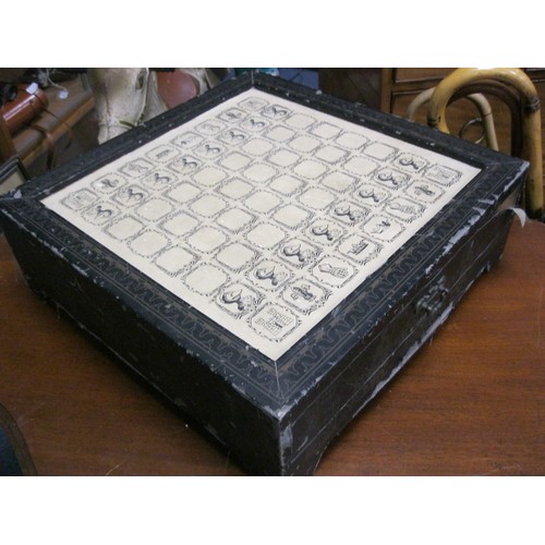 163 - Chess Set Box with drawers under containing bronzed and pewter chess set, complete