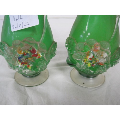 144 - A Pair Of Green Glass Matching Vases with Glass Flower Decoration. (Some Damage)