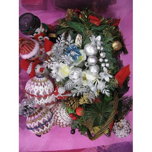 264 - Two boxes of assorted Christmas decorations - room and tree ornaments, baubles, wreath, lights, arti... 