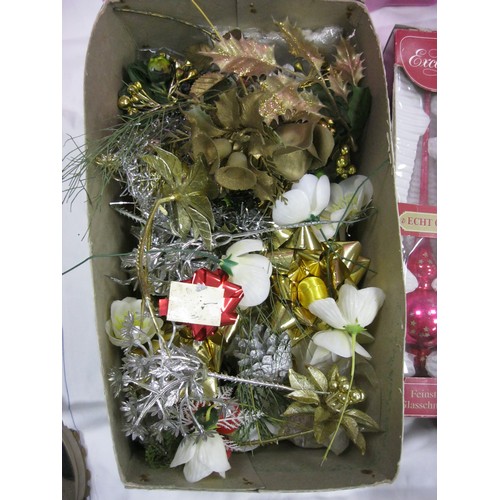 264 - Two boxes of assorted Christmas decorations - room and tree ornaments, baubles, wreath, lights, arti... 