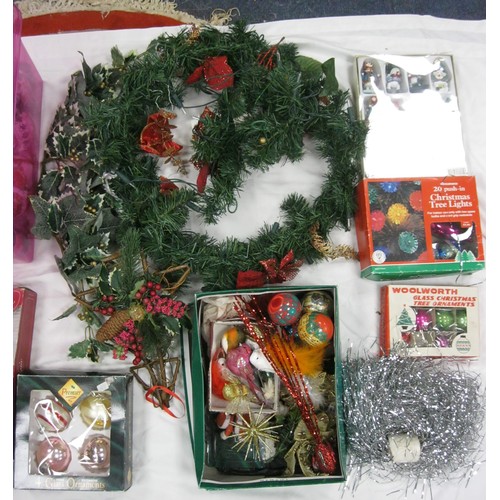 264 - Two boxes of assorted Christmas decorations - room and tree ornaments, baubles, wreath, lights, arti... 