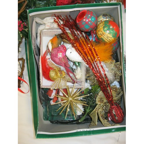 264 - Two boxes of assorted Christmas decorations - room and tree ornaments, baubles, wreath, lights, arti... 