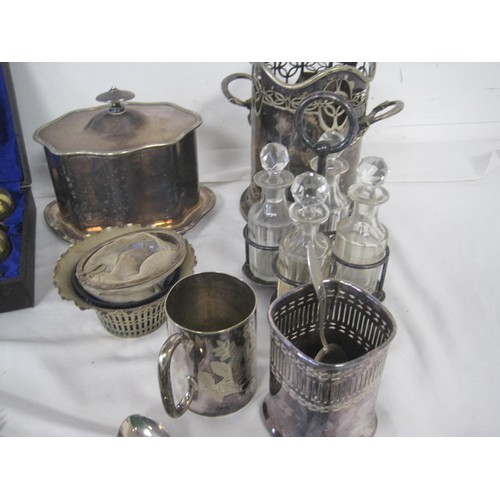 284 - A large box of good quality silver plate items including a wine cooler, salts, condiment set etc inc... 