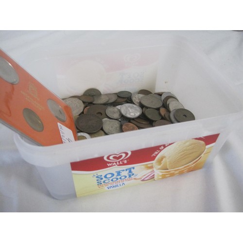 4 - One Plastic Tub Containing an Assortment of Mixed Coinage And A Set Of Three Coins In Orange Display... 