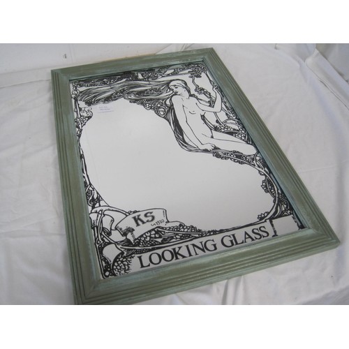 62 - A framed wall mirror with Alphonse Mucha style transfer decoration, wooden frame with shabby chic gr... 