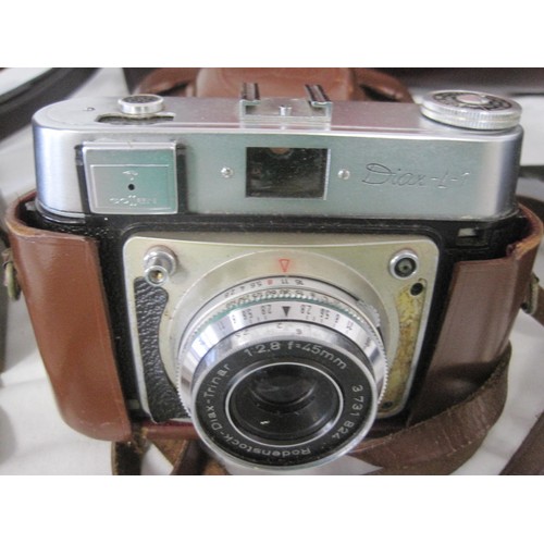 8 - Three vintage cameras in a vintage leather camera case - Voigtlander Brilliant, Diax-L-1, and a Yash... 