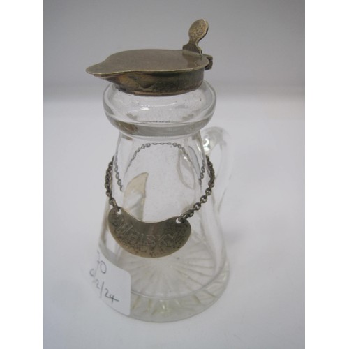 70 - A handled glass jug with silver collar and lid with sterling silver label on chain reading 'Whisky',... 