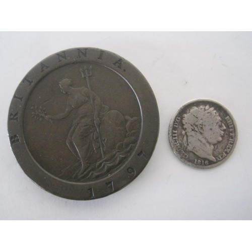 9 - A 1797 George III Cartwheel Twopenny in good order and a George III 1816 sixpence, obverse goood, re... 