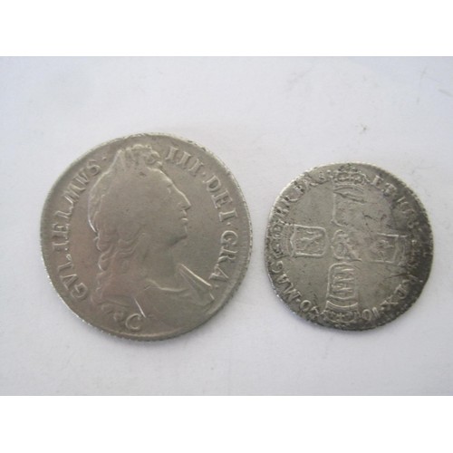 13 - A William III 1696 Shilling in good order with some wear, and a 1696 Sixpence in good order