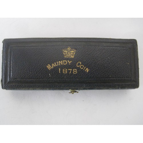 15 - A cased and dated 1878 Maundy Set box in blue with purple silk lined interior, with coins, but only ... 