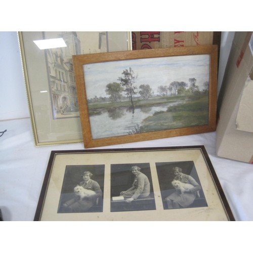 39 - A box of assorted pictures and prints, including a framed and glazed etching after Leslie Moffat War... 