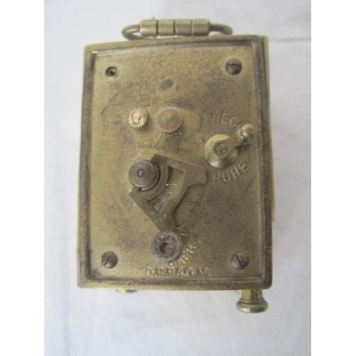 110 - Victorian Brass Carriage Clock in working order with key, together with a Mother of Pearl alarm cloc... 