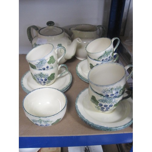 66 - Fifteen Piece Poole Pottery Vineyard Pattern. Teapot, Milk Jug, Sugar Bowl, Six Teacups and Six Sauc... 