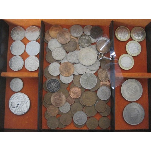 213 - A jewellery box with key containing a quantity of coinage including £5, £2 and 50p coins