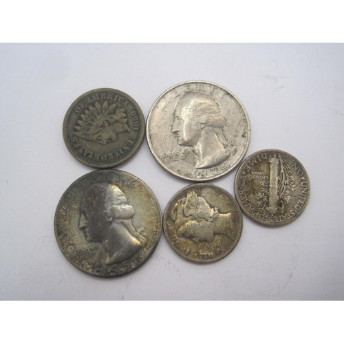 206 - An 1859 Indian Head Penny in good order, a pair of Mercury head dimes, 1941 & 1943, and a pair of US... 