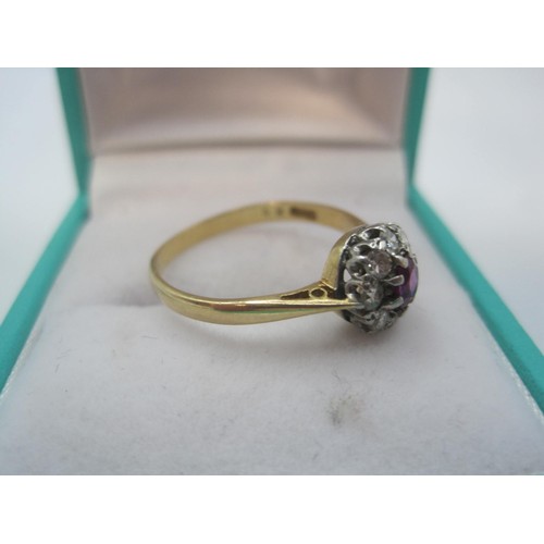 219 - An 18 carat gold daisy ring set with a central ruby surrounded by 8 diamonds, ring size O, approx we... 