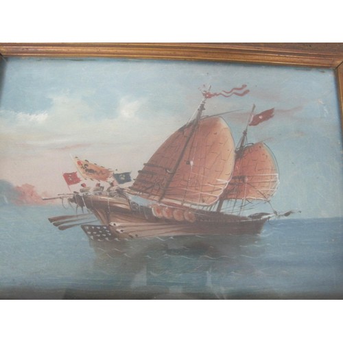 225 - A pair of framed and glazed Oriental paintings of ships, in good order, possibly on silk, of some ag... 