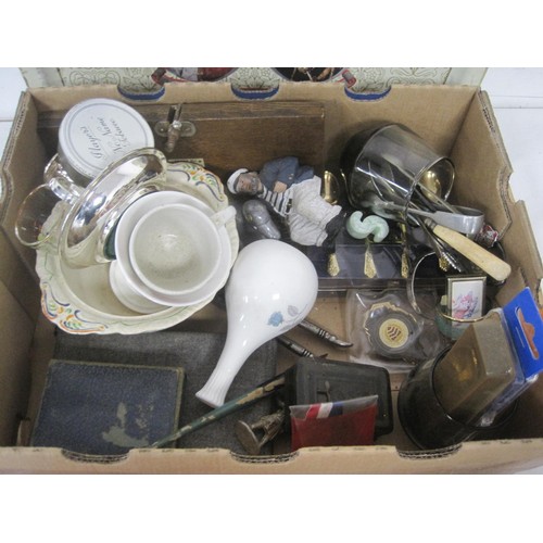 229 - A box of interesting items including tray, figures, teaspoons etc