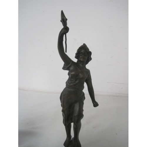 230 - Three cast metal figures in bronzed finishes on wooden socles. Two are titled Le Pouvoir with figure... 