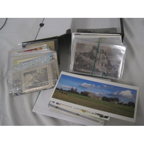 245 - A small box file containing humorous postcards, other postcards, photographs of steam trains, and ot... 