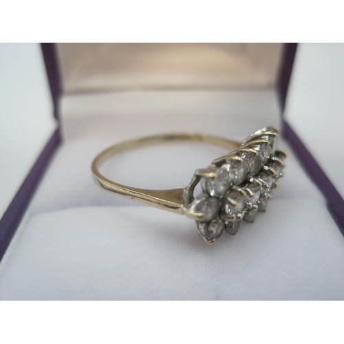 254 - 9 carat gold dress ring set with three rows of small white stones, ring size P/Q, gross weight of ri... 