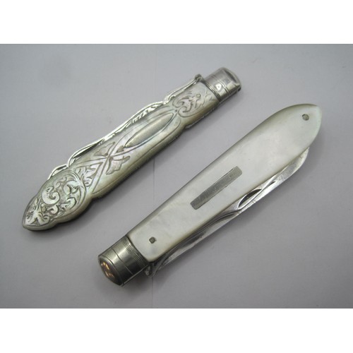 263 - An engraved silver and mother of pearl fruit knife and a mother of pearl and silver fruit knife and ... 